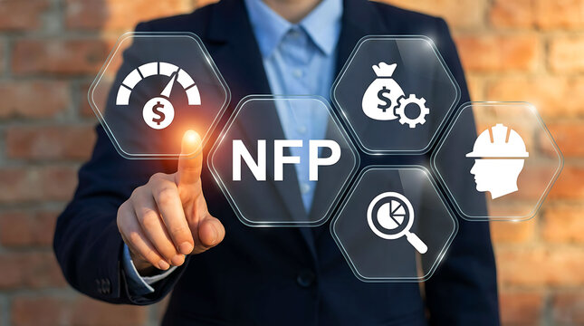 Businessman touching NFP payroll icon on visual screen for finance report