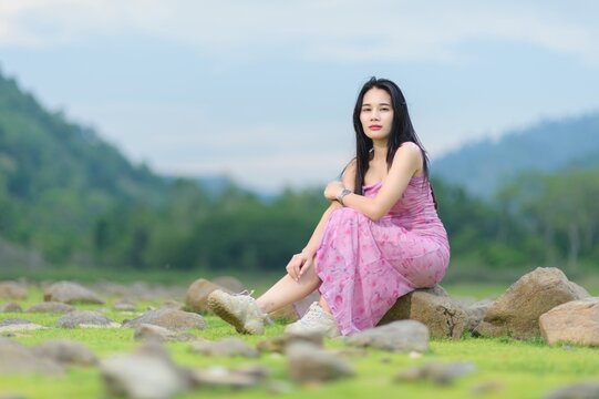 Young Woman in Pink Outfit at Sai Thong Reservoir in Thailand