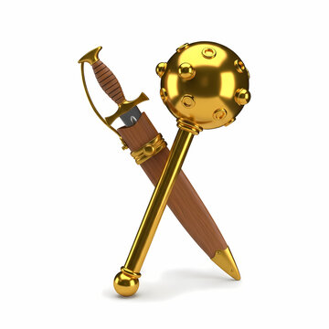 Crossed Golden Mace and Dagger on White Background