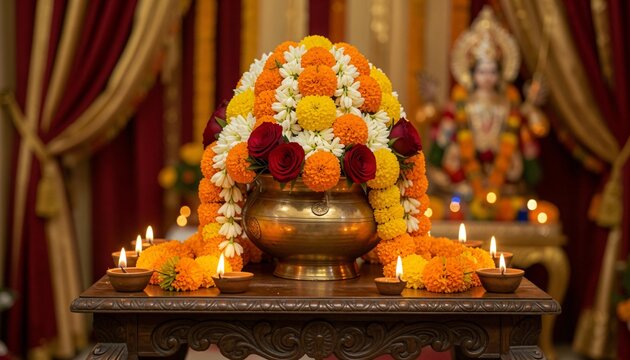 Traditional decorated kalash with marigolds and diya for durga puja