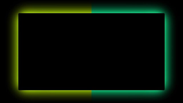 A rectangular frame with a split glowing yellow and green neon light border isolated on a solid black background for digital display and screen overlays