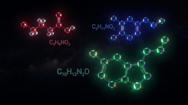 3D Molecular Models of Serotonin, Dopamine, and GABA Neurotransmitters in Jewel Tones on Black Background