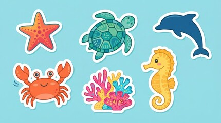 Fototapeta premium Cute Cartoon Sea Animal Sticker Set with Marine Life