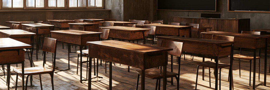 Empty classroom. Back to school concept in high school. Classroom interior with vintage wooden lecture chairs and desks. Studying lessons in secondary education. Generative AI