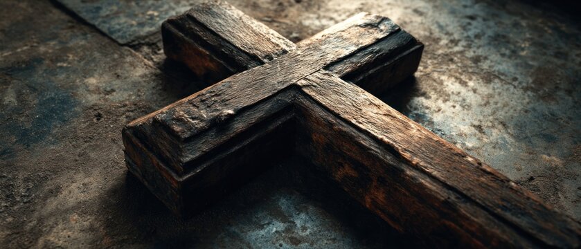Wooden cross on textured surface