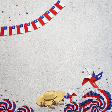 Chilean flag bunting and traditional elements creating a festive border