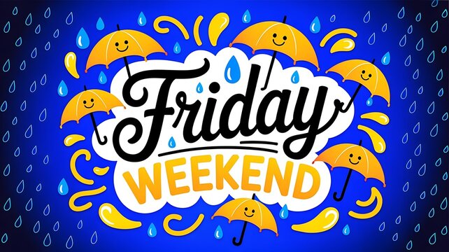 Friday weekend rainy weather joyful yellow umbrella illustration with umbrella raindrops cheerful celebration