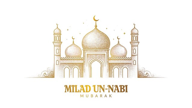 Golden line art illustration of mosque for milad un-nabi celebration with religion architecture celebration