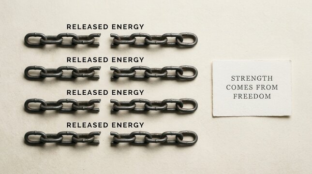 Heavy broken metal chains laid out on textured background with text labels for released energy alongside a motivational note stating strength comes from freedom, representing power and