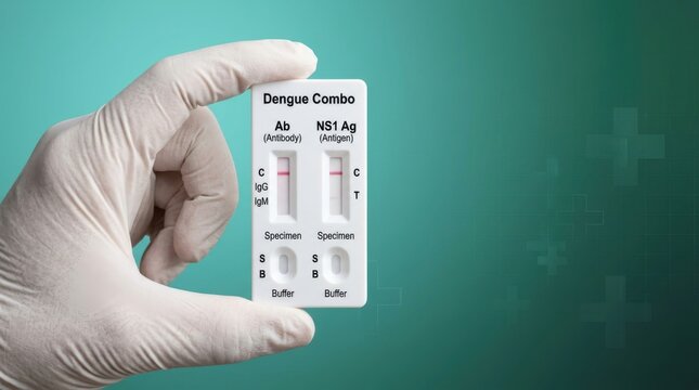 Professional healthcare worker wearing white medical gloves holds a dengue combo rapid diagnostic test kit displaying positive results for antibody and antigen on a gradient green medical background..