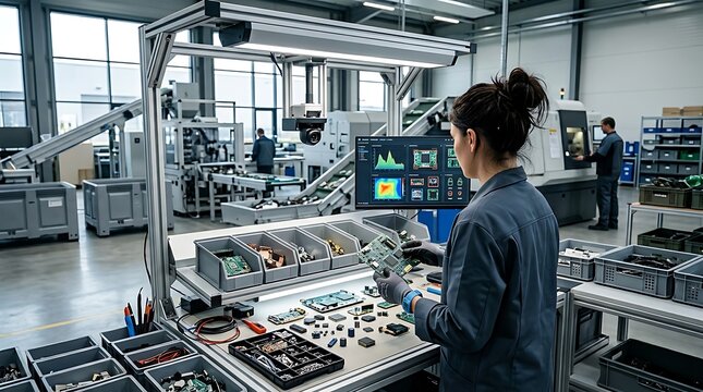 Quality control inspector inspects electronic circuit boards and microchips at an assembly workbench equipped with digital diagnostics monitors inside a modern manufacturing factory.