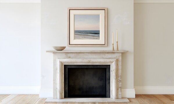 a vertical pale weathered-oak frame with a thin antique-brass inner edge and a warm ivory mat, centered above a simple plaster-white fireplace with an aged limestone mantel and dark firebox