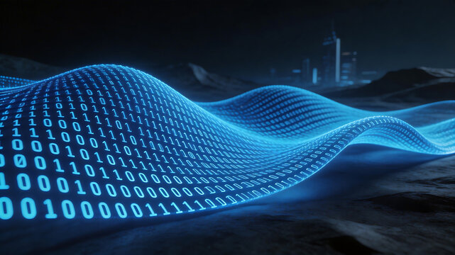 Blue binary data wave in futuristic landscape