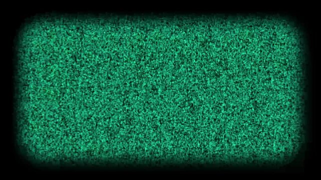 Green colored television static noise texture with a dark vignette border effect on a rectangular screen display background for broadcast interference