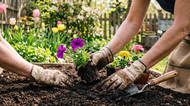 Hands in gardening gloves planting purple petunias in fertile soil surrounded by blooming flowers and greenery