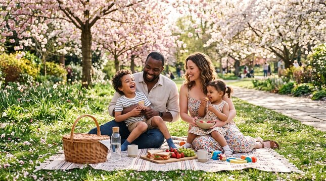Joyful Family Picnic Under Blooming Cherry Blossom Trees in Spring Park