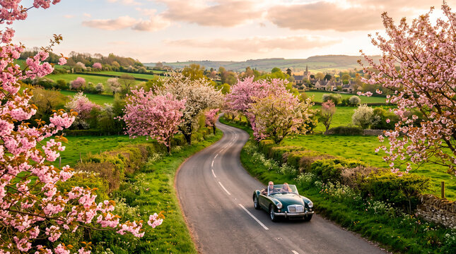 Vintage convertible drives along a scenic country road lined with blooming cherry blossom trees in spring