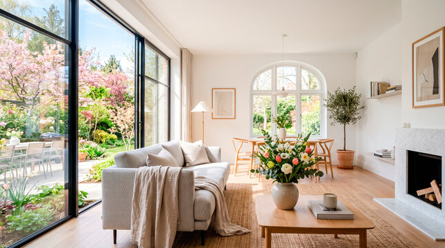 Modern living room with large windows overlooking a blooming garden and dining area