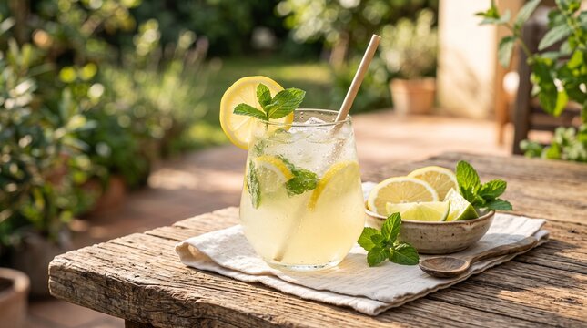 Refreshing Lemonade with Mint and Citrus Slices on a Rustic Wooden Table Outdoors