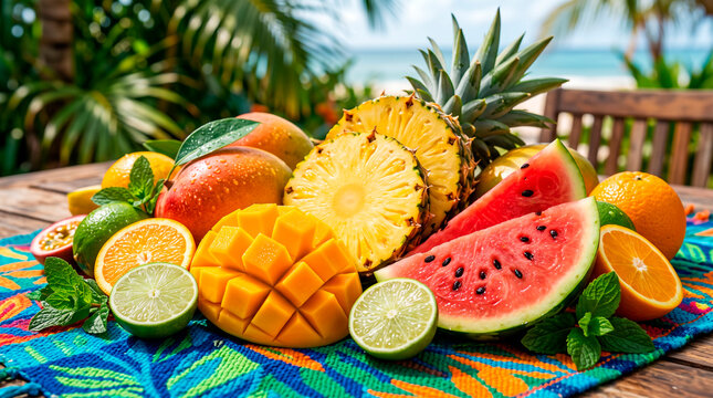 Vibrant Tropical Fruit Assortment on a Colorful Blanket with Ocean and Palm Trees in Background