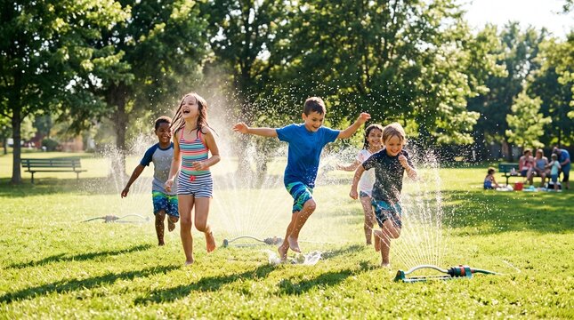 Joyful diverse children running through sprinklers on a sunny summer day in a park