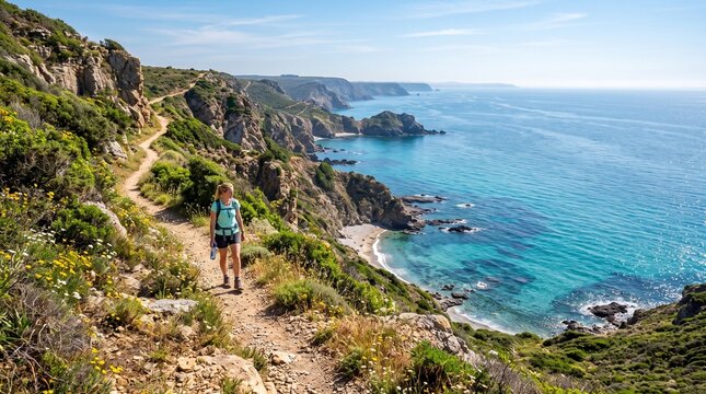 Woman hiking on a scenic coastal trail with turquoise ocean views and blooming wildflowers