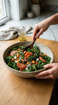Fresh Kale Salad Being Tossed In A Rustic Bowl Ready For Serving