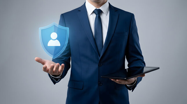 Professional businessman in a blue suit holding a tablet with one hand and presenting a glowing digital security shield icon with a user symbol in the other hand featuring formal wear and technology