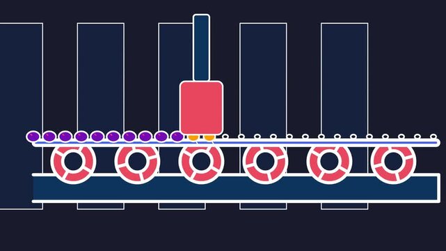 2D animation of a mechanical roller machine popping bubble wrap on a conveyor belt in a continuous loop