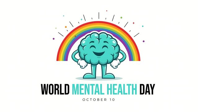 World mental health day illustration with happy cartoon brain and rainbow happiness psychology wellness