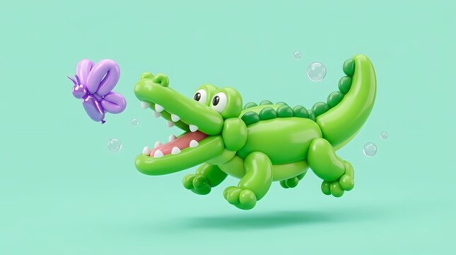 Green alligator character made of inflated rubber balloons chasing a small purple butterfly in a whimsical forest scene capturing a playful moment of friendship between two charming wildlife