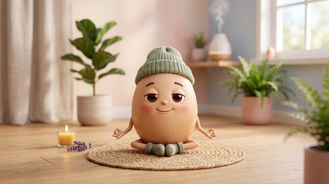 Cute egg practicing mindfulness meditation. Adorable character in a peaceful setting, promoting relaxation and mental wellness.