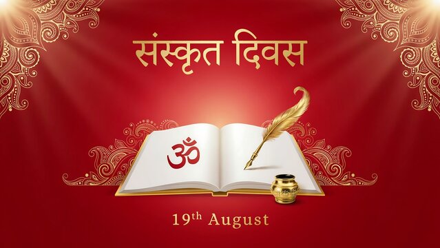 Sanskrit diwas august 19 celebration concept with traditional open book golden feather and om symbol, sanskrit