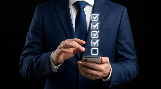 Professional businessman in a dark blue suit and tie holds a smartphone displaying a glowing checklist interface with four checked and one unchecked boxes against a black background