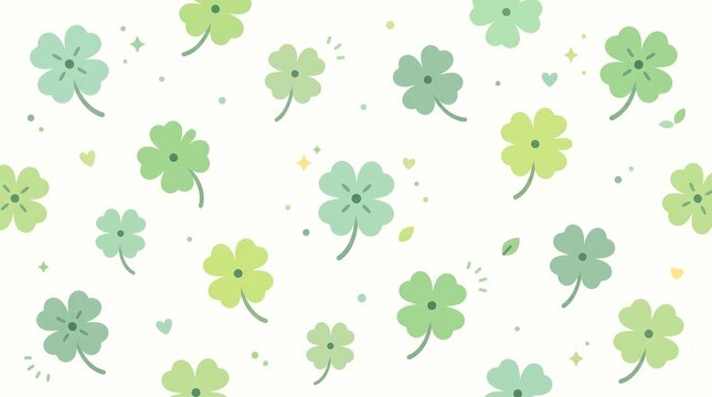 Seamless pattern of green four-leaf clovers on white background.