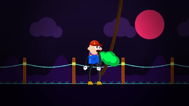 Seamless loop 2D animation of a stylized character walking along a barbed wire fence at night with a purple sky and red moon in the background