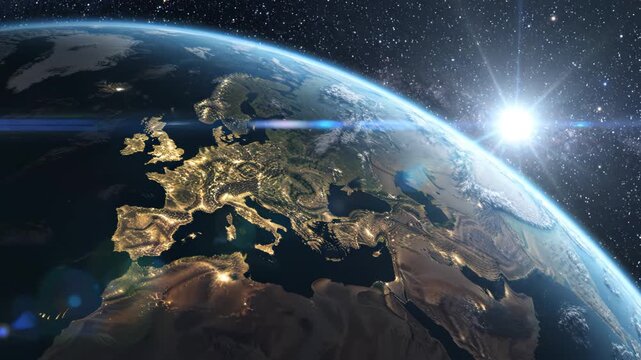 Realistic CGI Animation of Earth at Night from Space, Illuminated Cities in Europe and Surrounding Regions