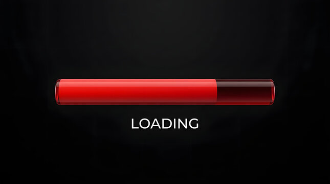A glowing red cylindrical progress bar with a dark gradient end, centered on a black background, with the word LOADING in white text below it featuring horizontal bar, fill, percentage and status