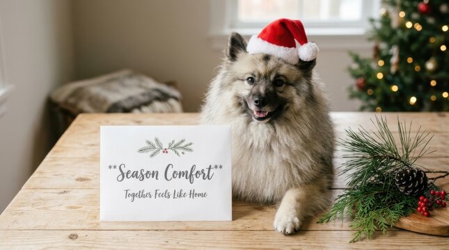 Adorable fluffy dog wearing a red Santa hat sitting at a wooden table next to festive greeting card with Season Comfort text near the Christmas tree, great for happy holiday greetings and winter mood.