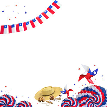 Chilean flags, chupalla, traditional games, and patriotic decorations forming a border on transparent background