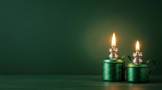 Traditional green oil lamps glowing with warm flames against a dark green background during festive ramadan or eid al fitr celebrations in southeast asia representing cultural spiritual