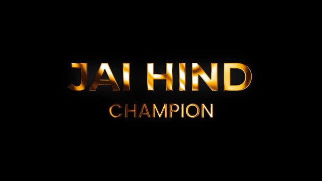Cinematic 3D golden glow typography artwork honoring Jai Hind Champion with black background, Ideal for Independence Day events in 4k
