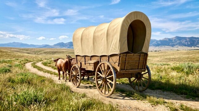 Covered Oregon Trail Wagon with Oxen Team on a Prairie Trail For Elementary School Teacher Materials
