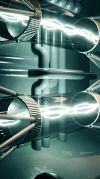 Metallic pipes intertwine in an industrial scene, glowing with bright energy. The atmosphere feels electric, blending technology with a sense of mystery and innovation.