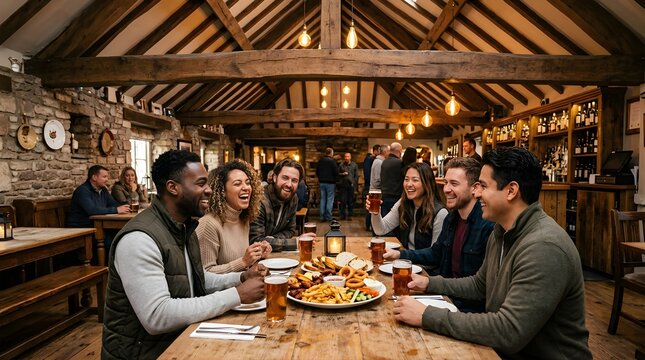 Diverse group of happy friends eating dinner and drinking beer in a pub