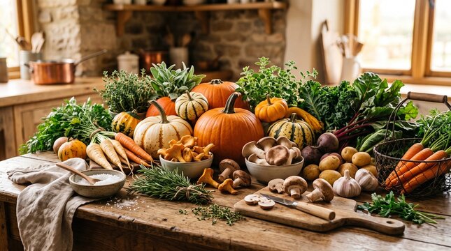 Abundant Autumn Harvest of Fresh Vegetables and Pumpkins Displayed on a Rustic Wooden Table