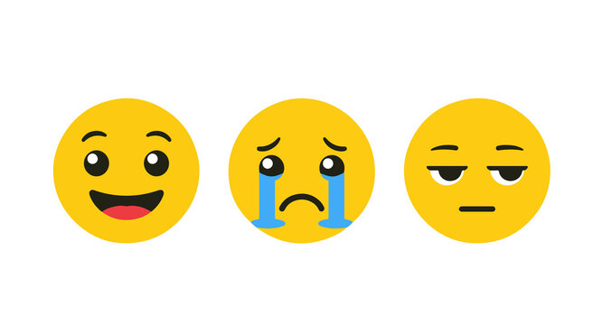 Three emoji faces showing happy, crying, and unamused expressions, emoji reaction icons, yellow emoticon set, smiley face emotions, cartoon emoji collection, facial expression emojis, happy sad neutra