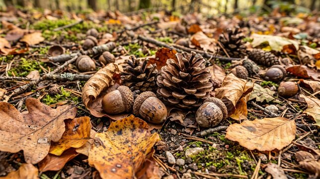 Autumn forest floor with acorns pinecones and fallen leaves in warm golden and brown tones
