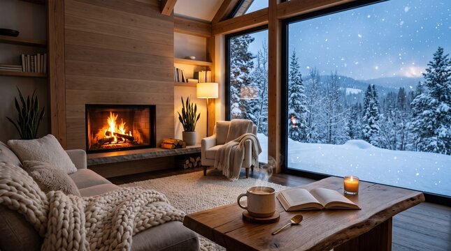 Cozy winter cabin living room with fireplace and snowy forest view, perfect for a relaxing holiday escape