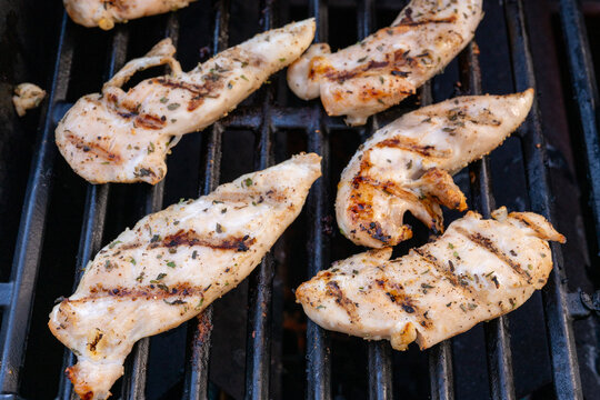Overhead-style photo of grilled chicken pieces cooking on a barbecue grill with herbs and char marks.